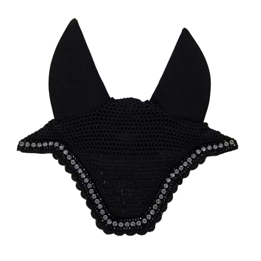 Black horse fly veil with decorative elements on a white background