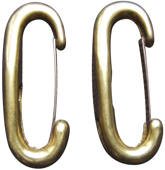 Pair of brass carabiner hooks on a white background