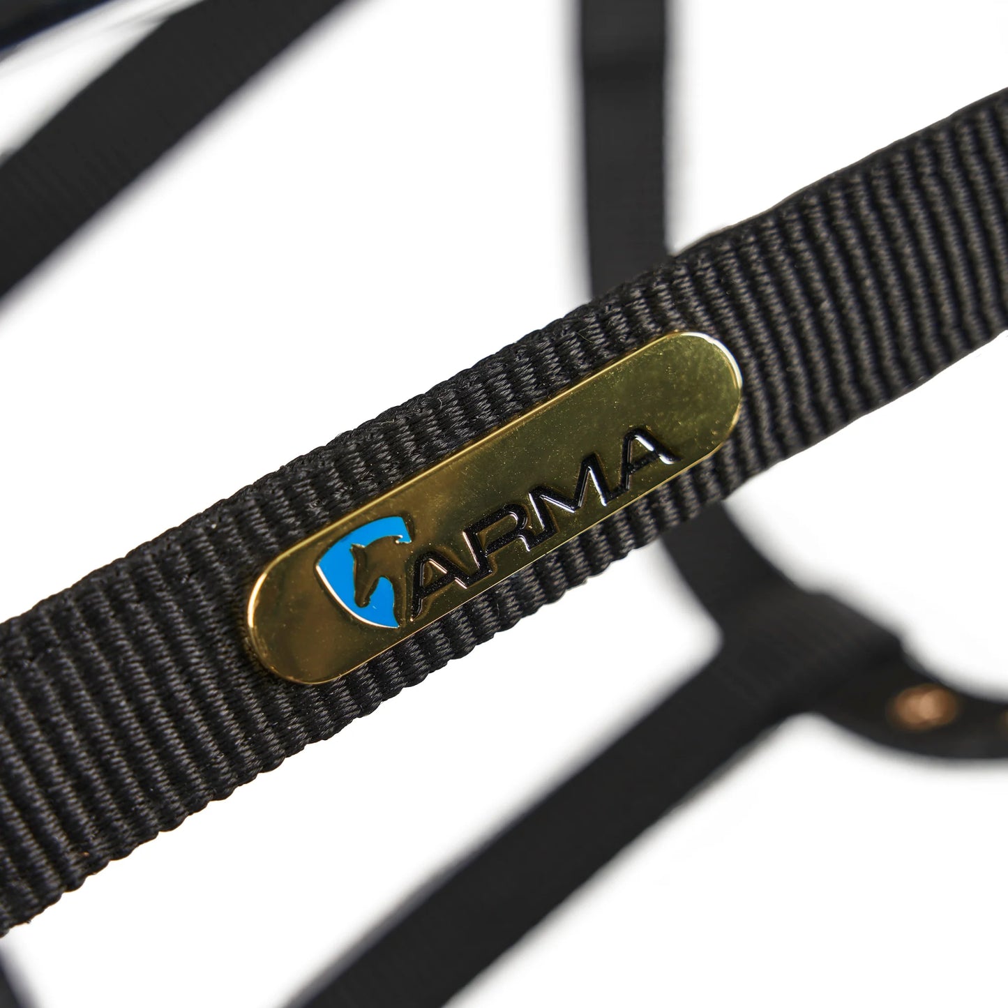 Close up of a metal plate on a headcollar saying Arma