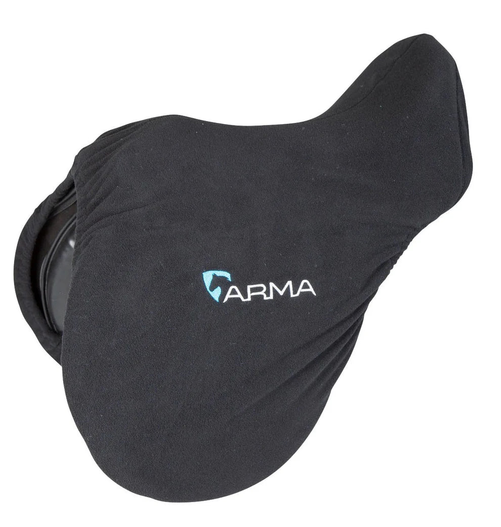 Black saddle cover with Arma logo on a white background