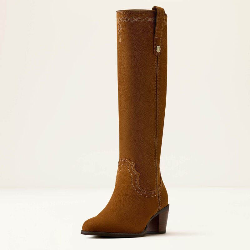 A single knee-high brown leather boot with western-style stitching and a low block heel, shown against a plain off-white background.