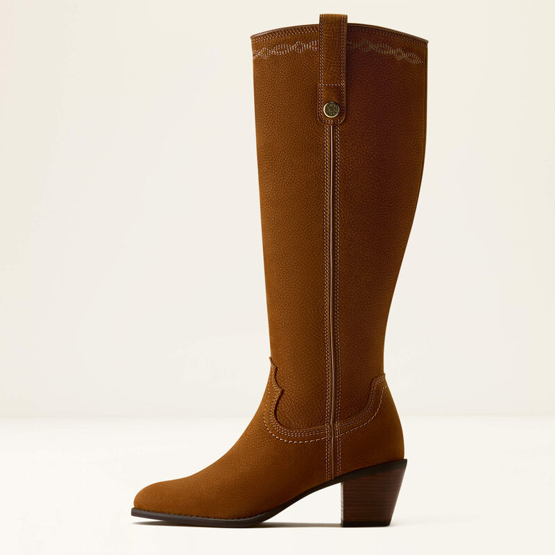 A single knee-high brown boot with a pointed toe, low block heel, and decorative stitching, shown in profile against a clean off-white background.