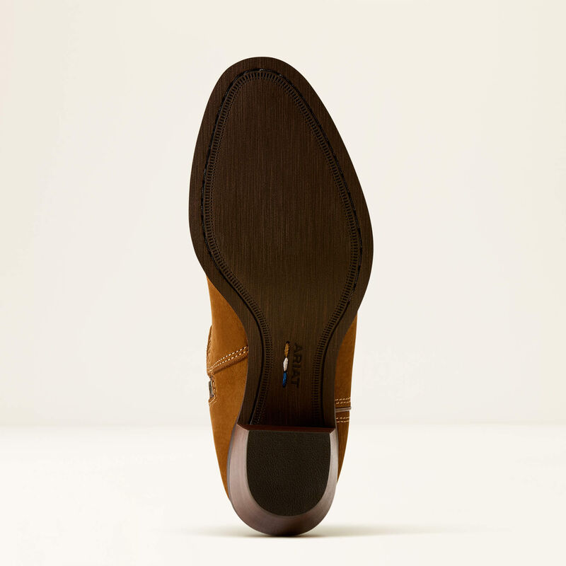 A close-up bottom view of a brown suede boot showing the dark brown outsole and heel against a clean off-white background.