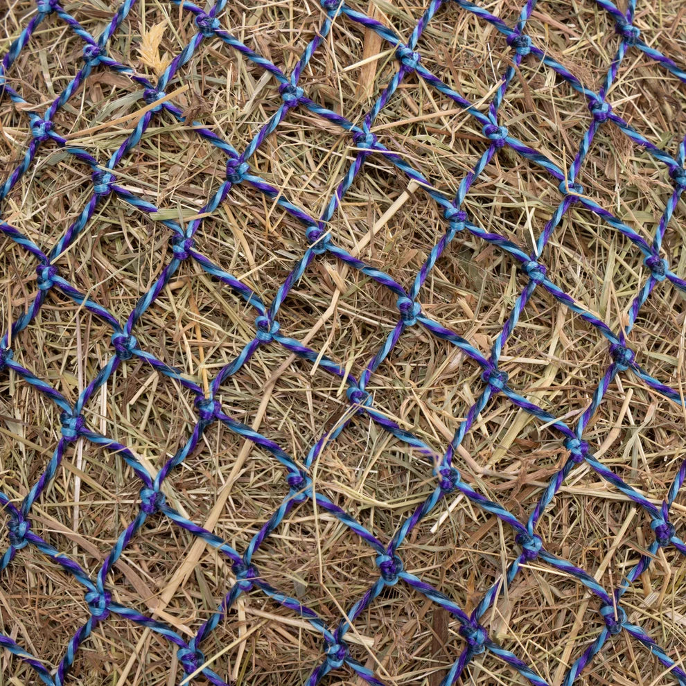 Close-up of a blue and purple braided mesh net laid over dry straw or hay.