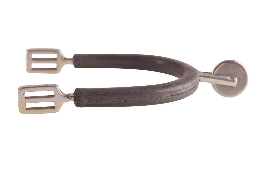 A horse spur with a dark brown textured grip and silver-toned metal hardware, shown against a plain white background.