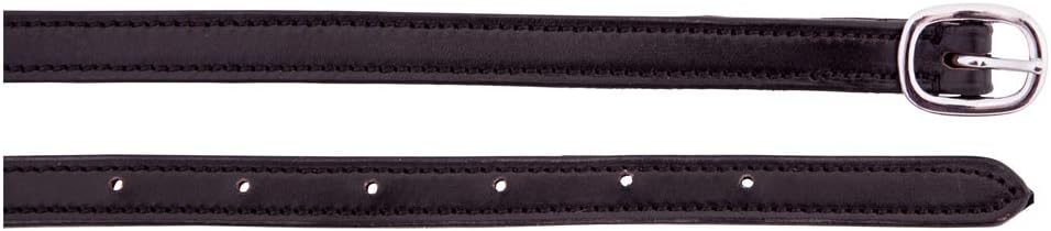 Black leather spur straps  with a silver buckle on a white background