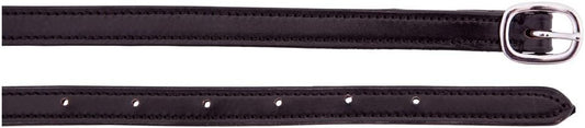 Black leather spur straps  with a silver buckle on a white background