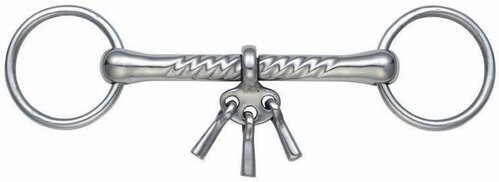 A polished silver stainless steel horse bit on a white background