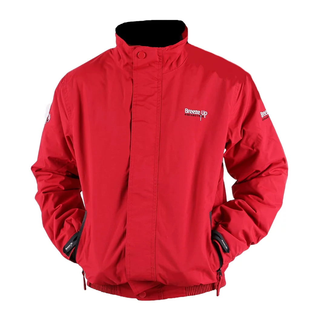 A red technical jacket with a high stand-up collar, zippered front, and white 'Breeze-Up' brand logo on the left chest, displayed on a clean white background.