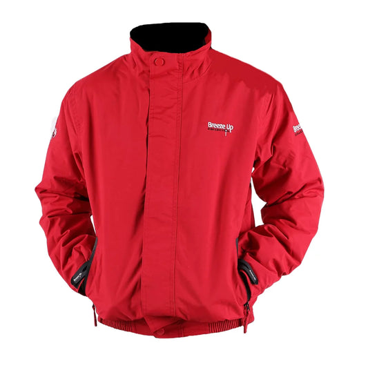 A red technical jacket with a high stand-up collar, zippered front, and white 'Breeze-Up' brand logo on the left chest, displayed on a clean white background.