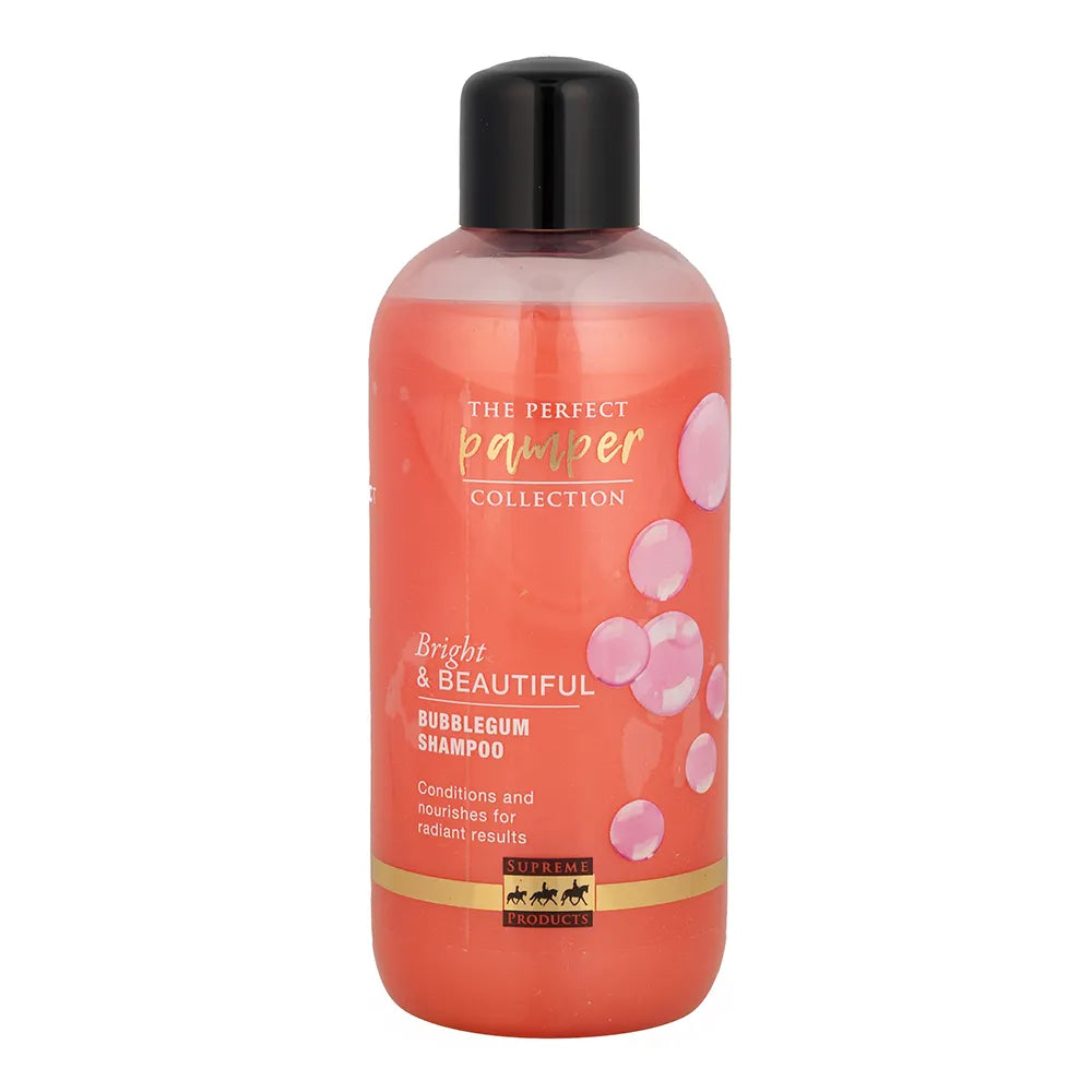 Shampoo bottle with pink label and black cap on a white background