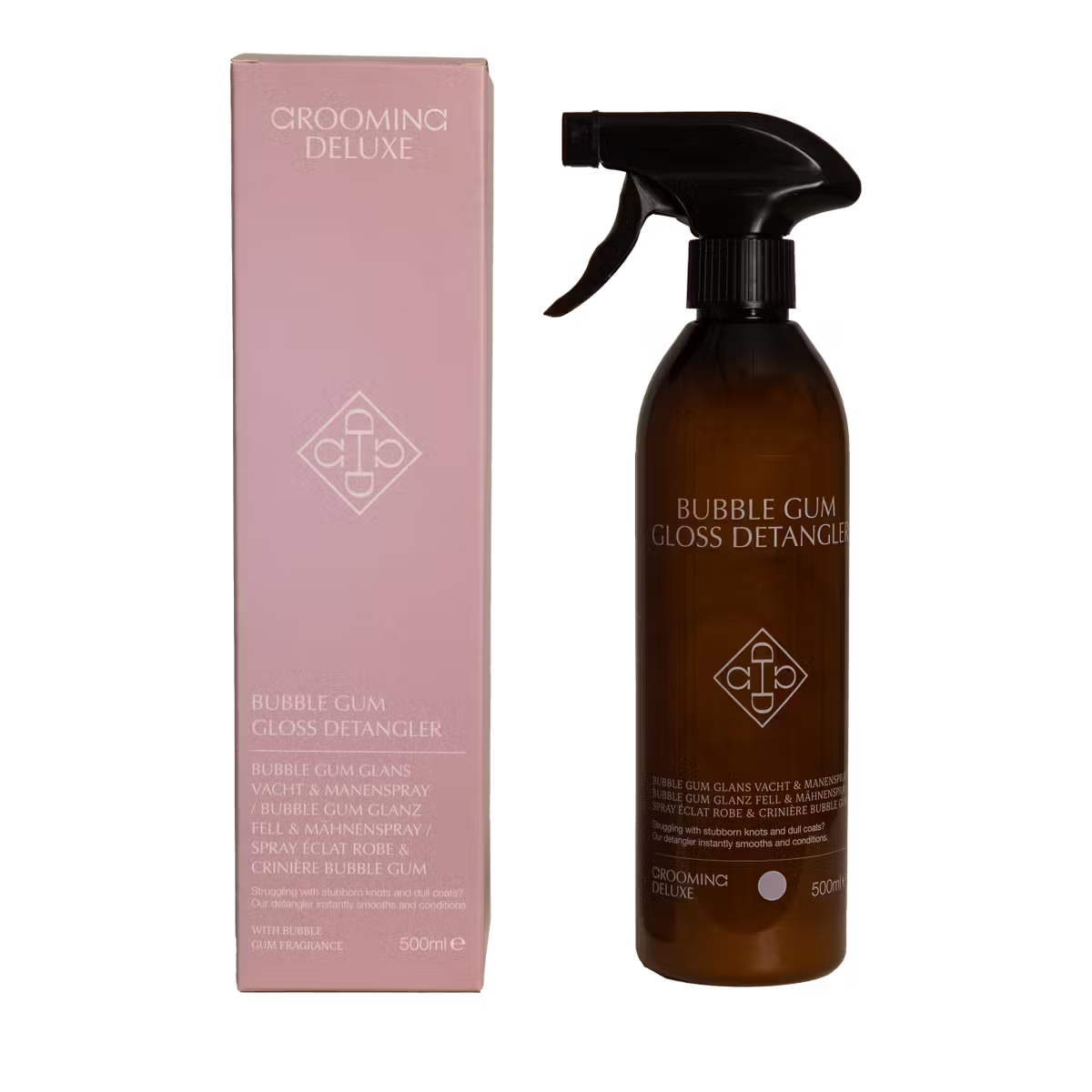Grooming Deluxe Bubble Gum Gloss Detangler bottle and packaging on a black background