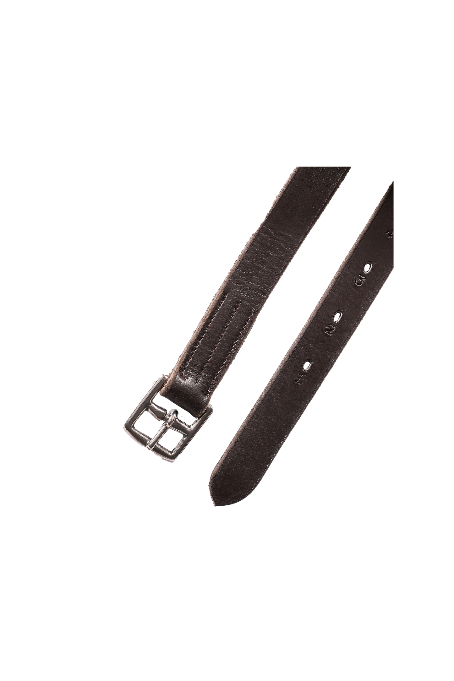 Buckle and end of a brown stirrup leather on a white background