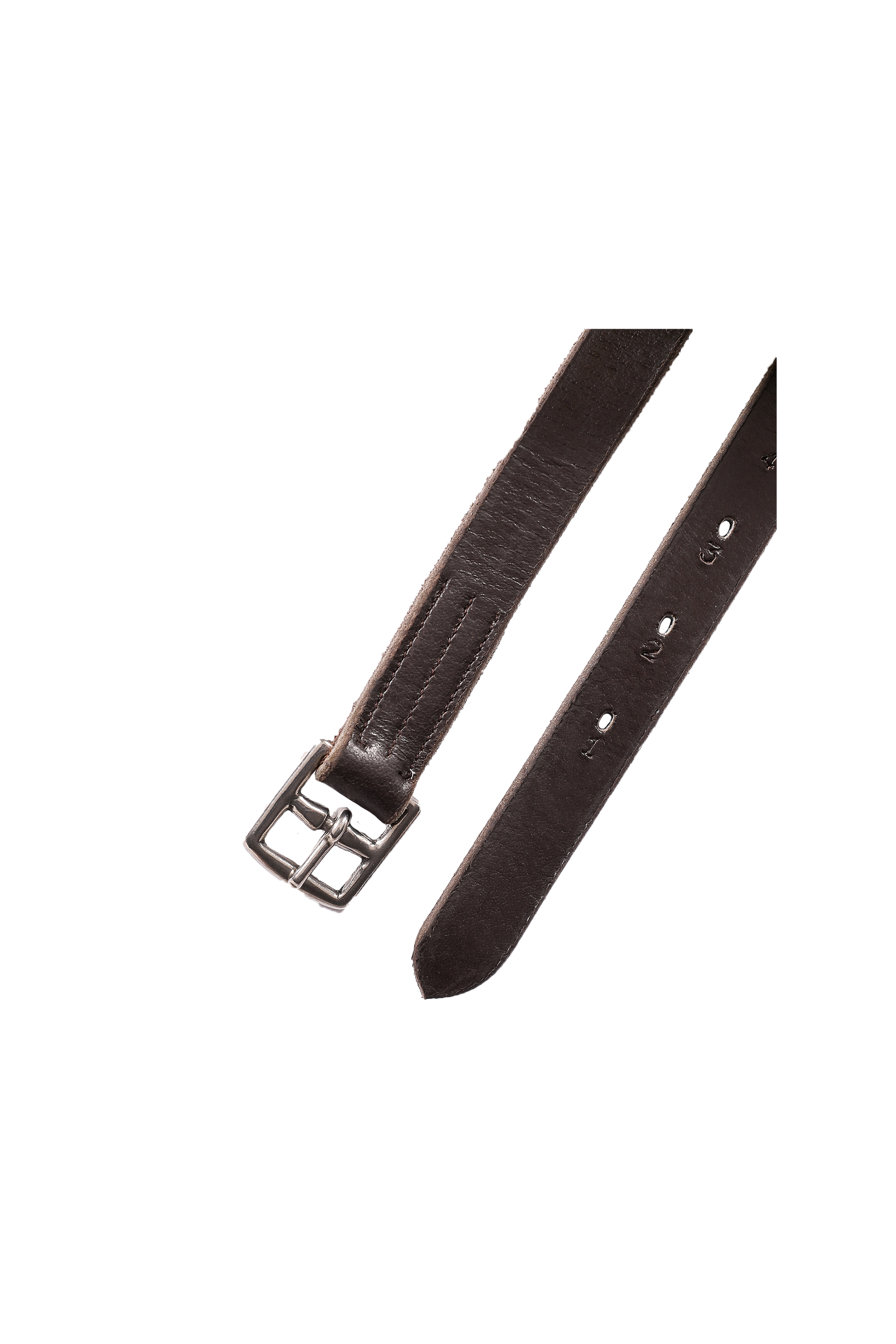 Buckle and end of a brown stirrup leather on a white background