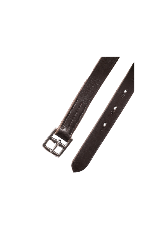 Buckle and end of a brown stirrup leather on a white background