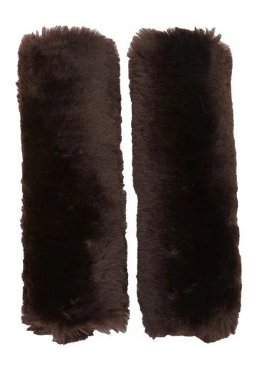 Pair of brown sheepskin cheekpieces on a white background