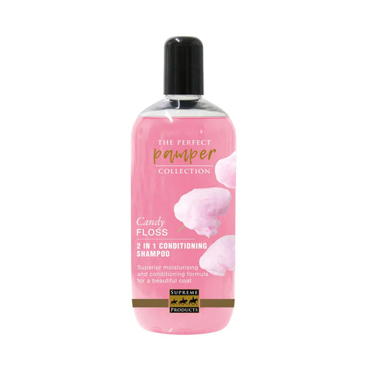 Pink bottle of Candy Floss Conditioning Shampoo on a white ackground