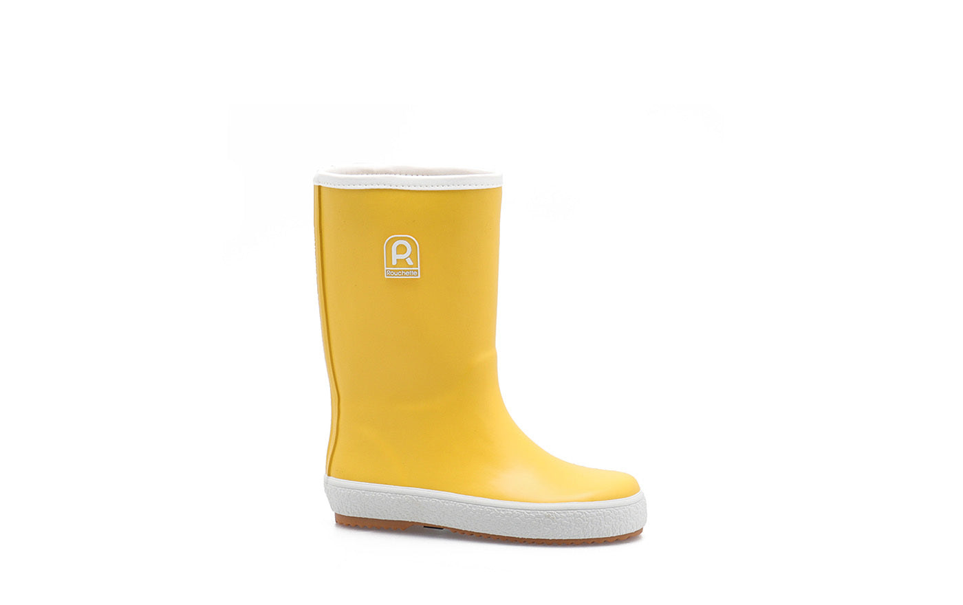 Yellow children's wellies on a white background