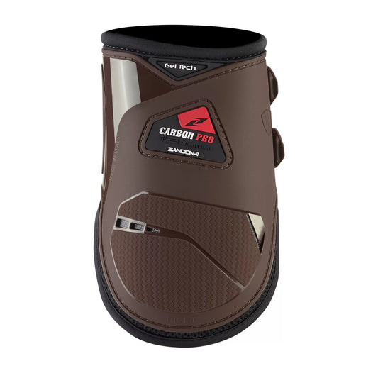 Brown equestrian leg guard with 'Carbon Pro' branding on a white background