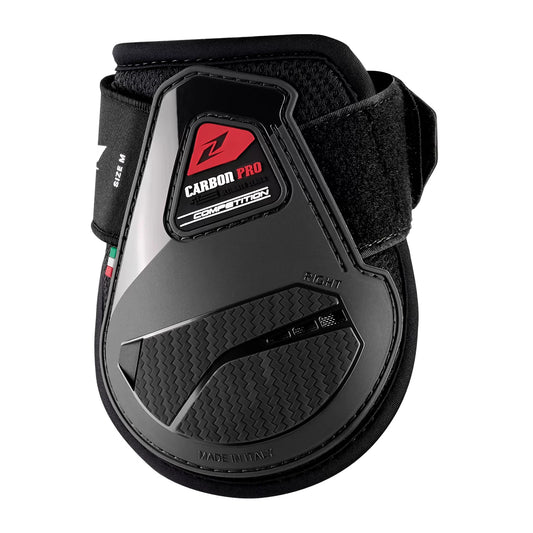 Black protective equestrian leg guard with brand logo on a white background