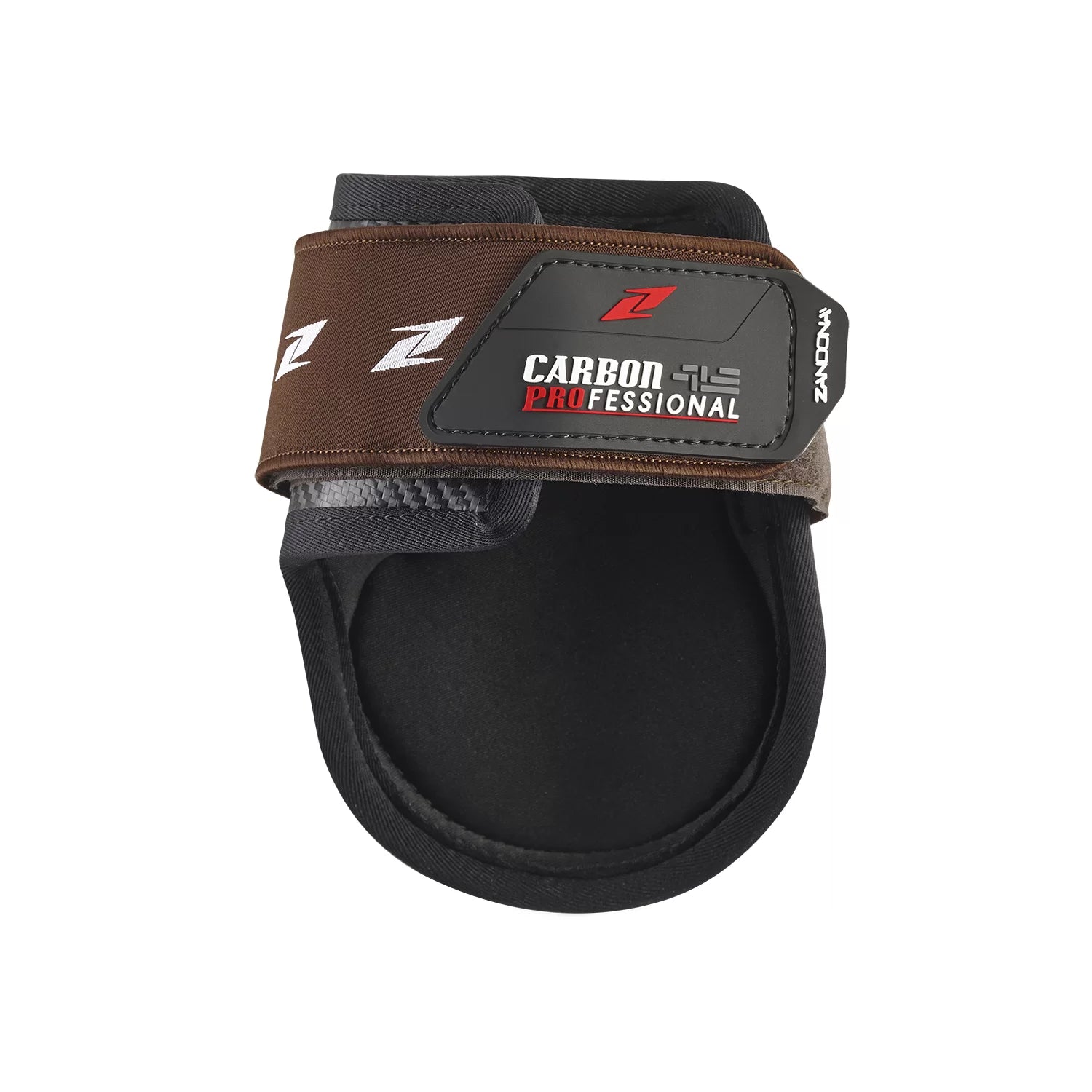 Brown equestrian horse boot with brown strap and brand logo on a white background