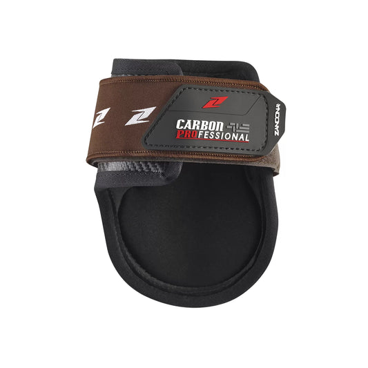 Brown equestrian horse boot with brown strap and brand logo on a white background