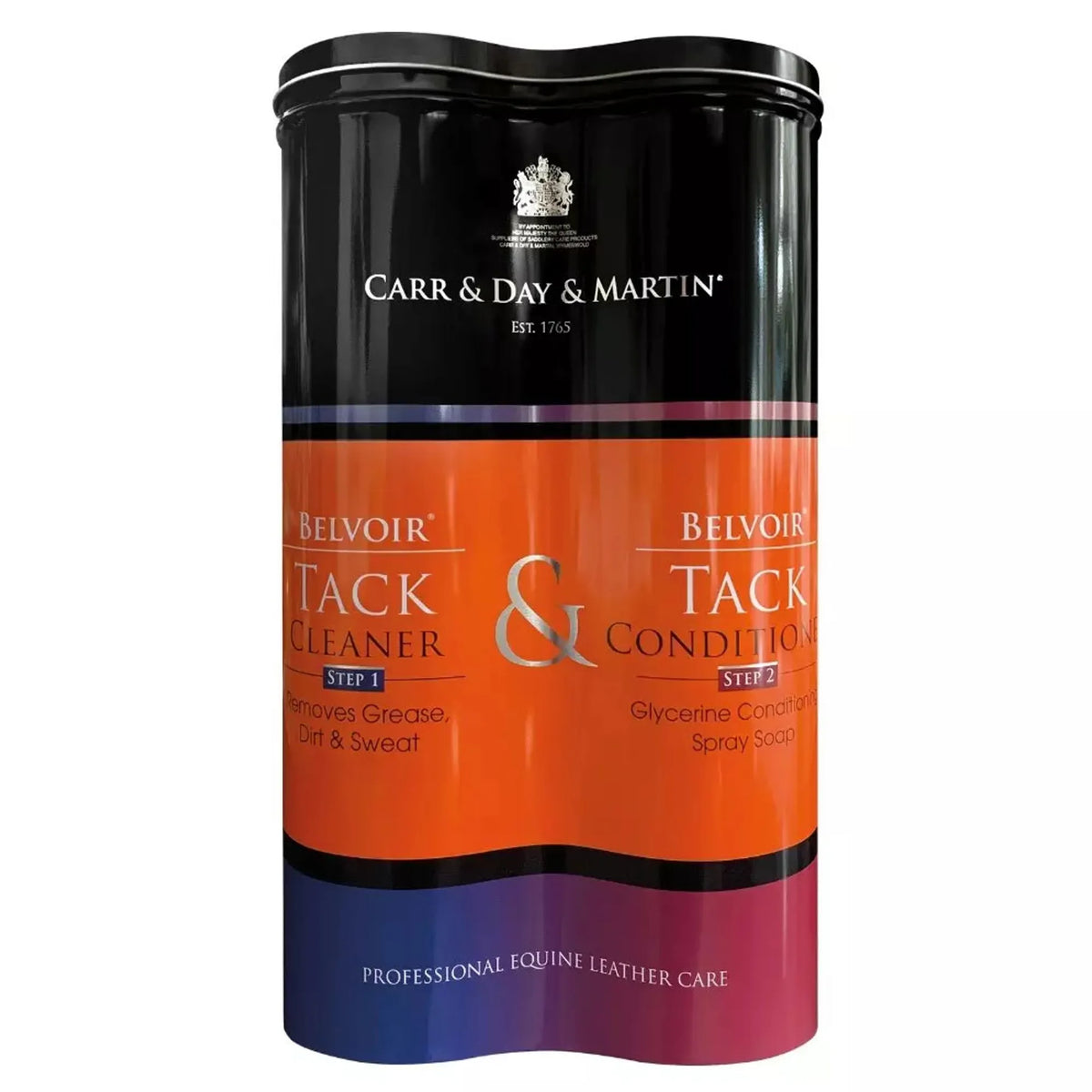 A cylindrical metal canister of Carr & Day & Martin Belvoir Tack Cleaner & Conditioner, featuring a black top and bottom with a vibrant orange and purple gradient center label.