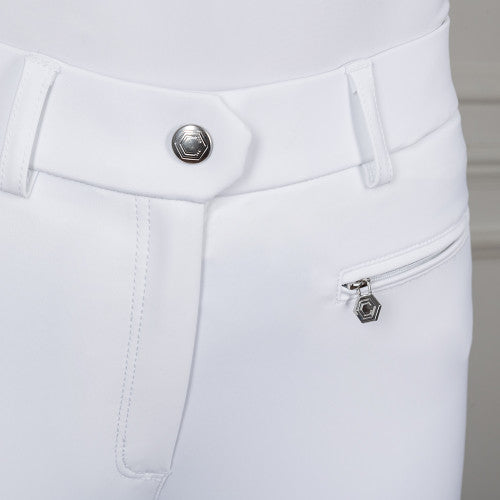 Close-up of white pants with a button and zipper detail.
