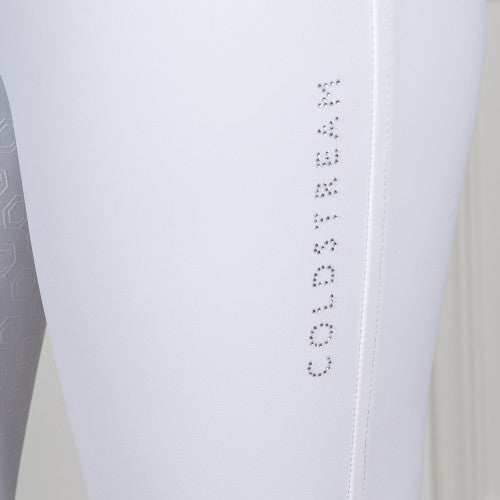Close-up of white breeches with 'Coldstream' branding on a light gray background