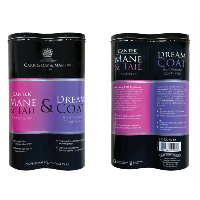 Two black cylindrical cans of Carr & Day & Martin Canter Mane & Tail Dream Coat conditioner and finisher shown side by side on a white background, with the front label on the left can and the back label on the right can.