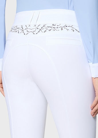 White equestrian riding breeches with a decorative embroidered branch waistband, shown on a model from the back.