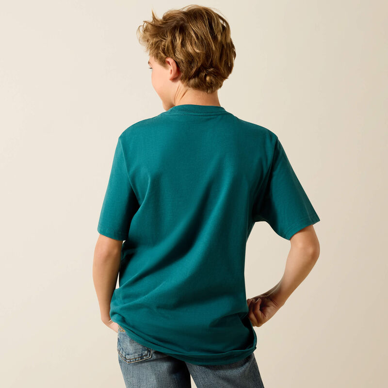 Person wearing a teal t-shirt on a plain background
