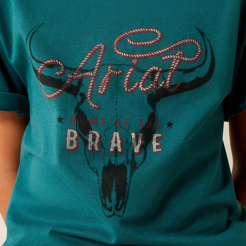 Teal t-shirt with 'Ariat Home of the Brave' design featuring a skull and antlers.