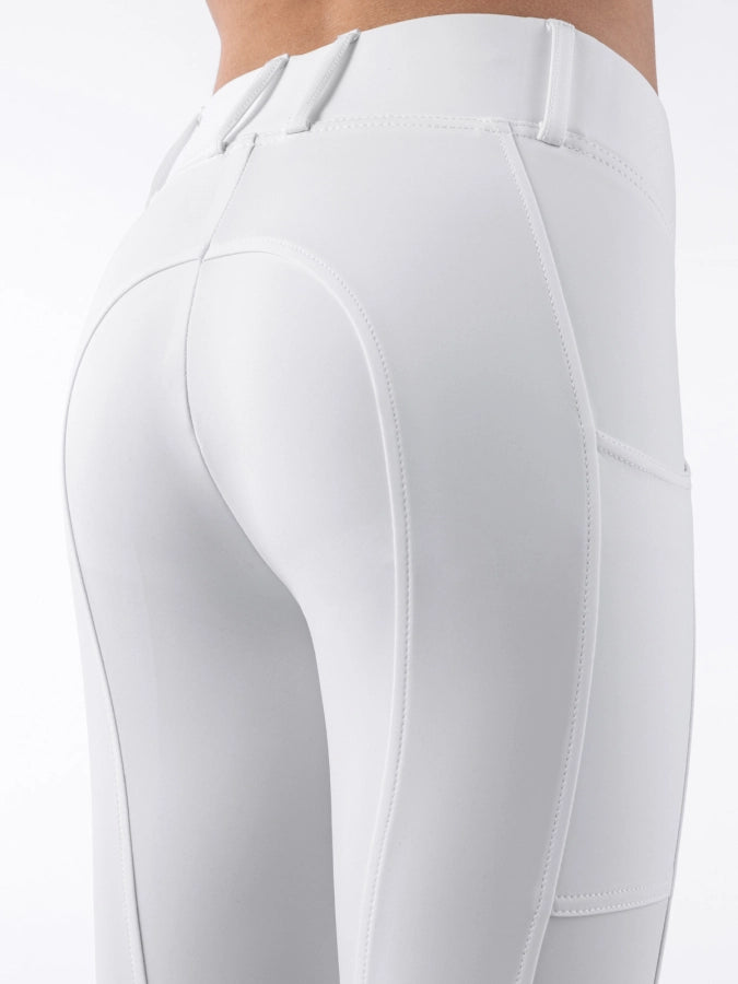 White riding tights with Equiline branding on a white background