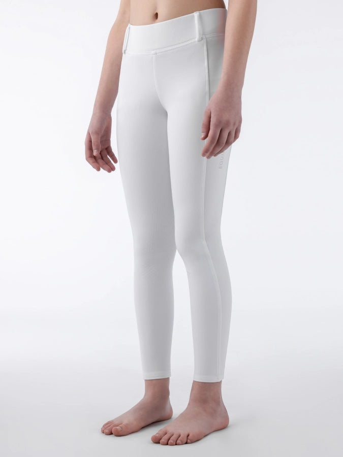 White riding tights with Equiline branding on a white background