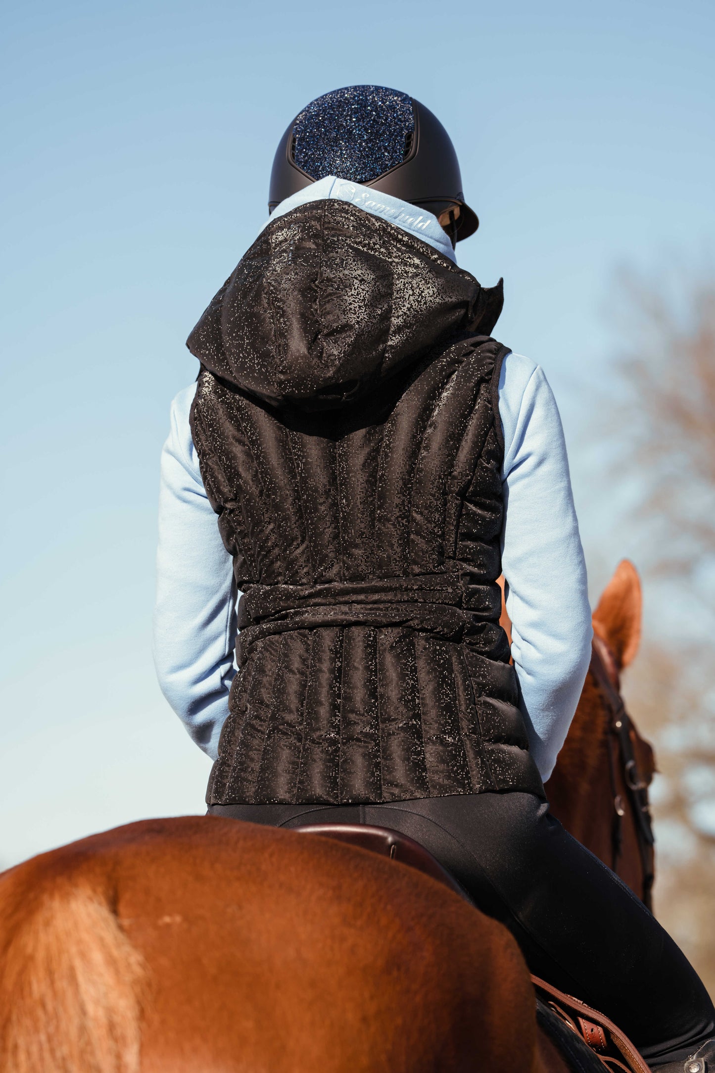 The back of a woman sitting on a horse wearing a black sparkly gilet and a blue jumper with the sky as the background 