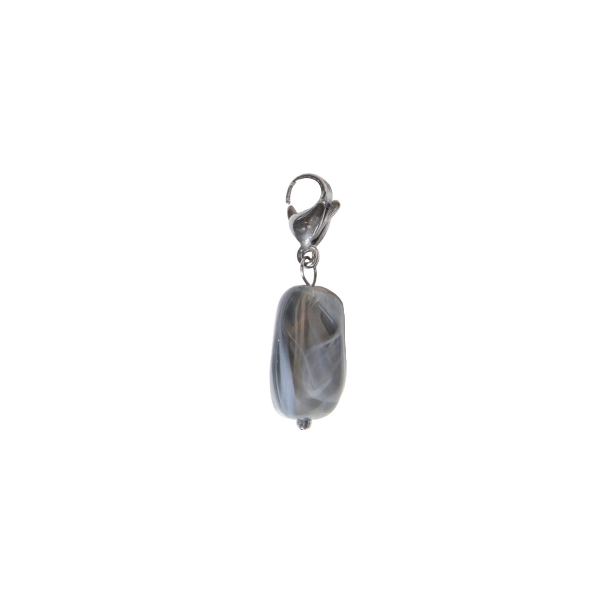 A silver lobster clasp charm featuring a smooth, elongated baroque pearl with gray and white marbled patterns, set against a plain white background.