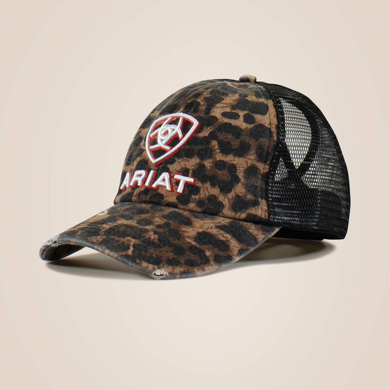 Leopard print cap with black mesh back and Ariat logo on a beige background