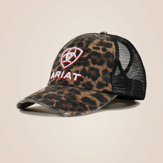 Leopard print cap with black mesh back and Ariat logo on a beige background