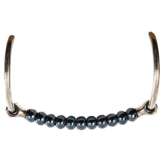 A silver horse bit featuring a central bar of small, dark metallic beads, shown against a plain white background.
