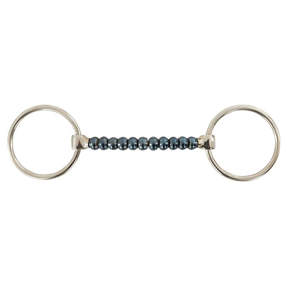 A silver horse bit featuring a central bar of small, dark metallic beads, shown against a plain white background.