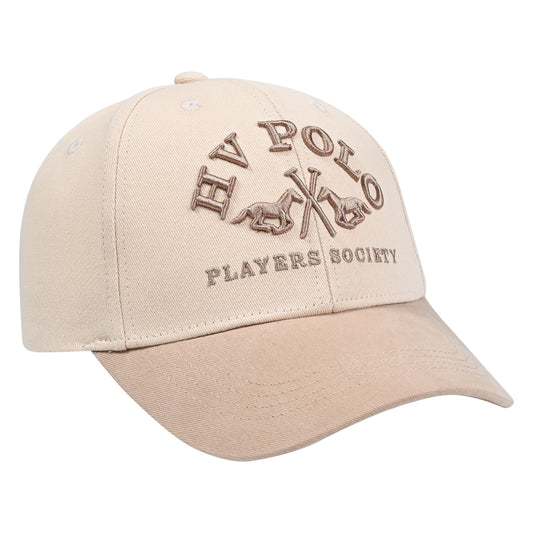 Beige cap with embroidered text and logo on a white background