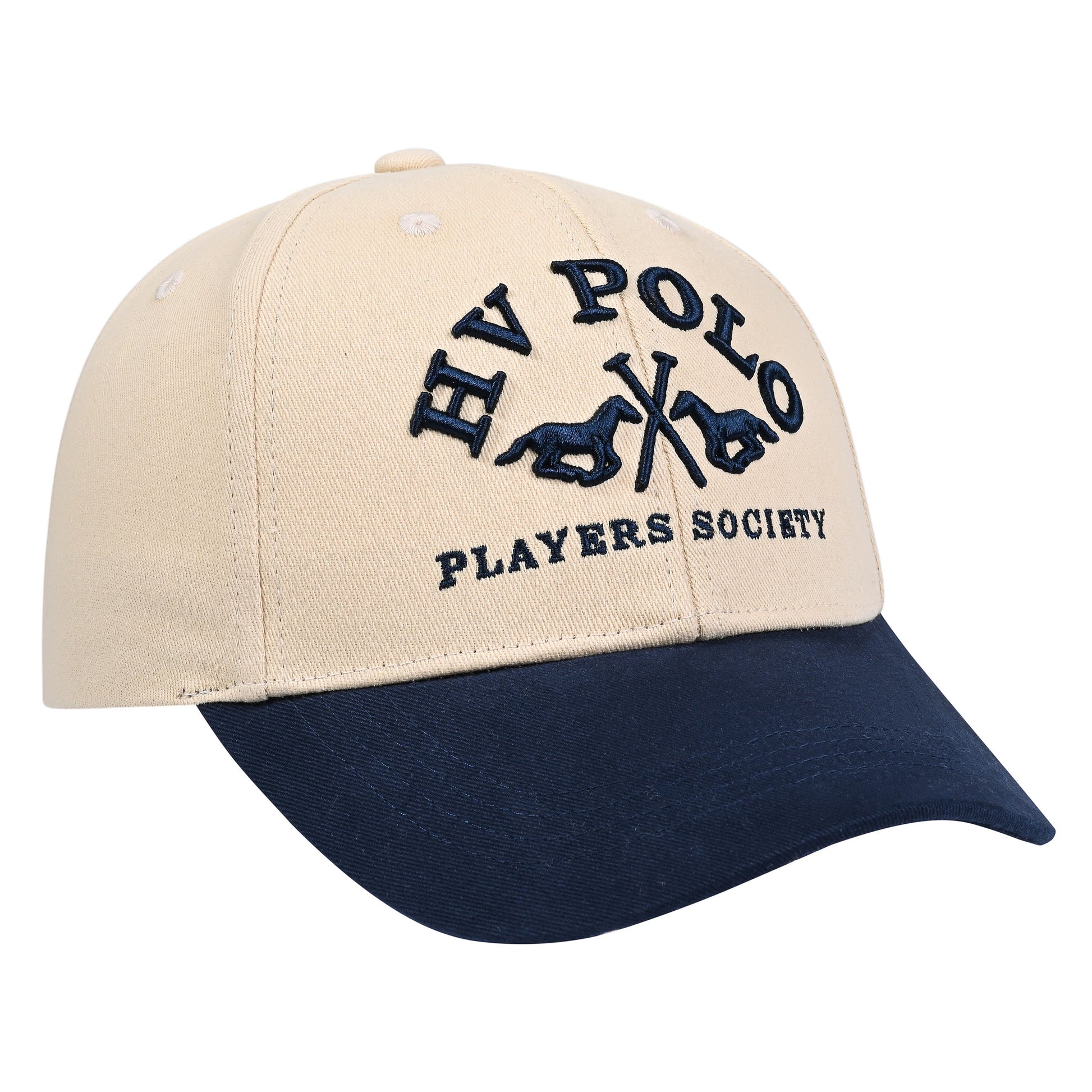 Beige and navy cap with 'HV Polo Players Society' logo on a white background