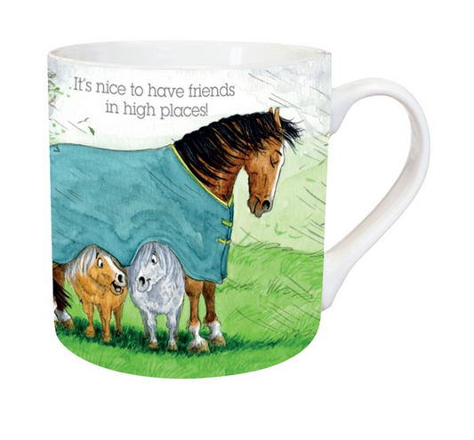 Mug with illustration of horses and text 'It's nice to have friends in high places!' on a white background