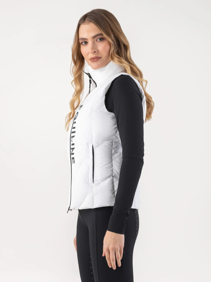 Woman wearing a white puffer vest with a brand logo on a white background