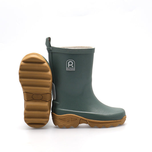 Green rubber boot with brown sole on a white background