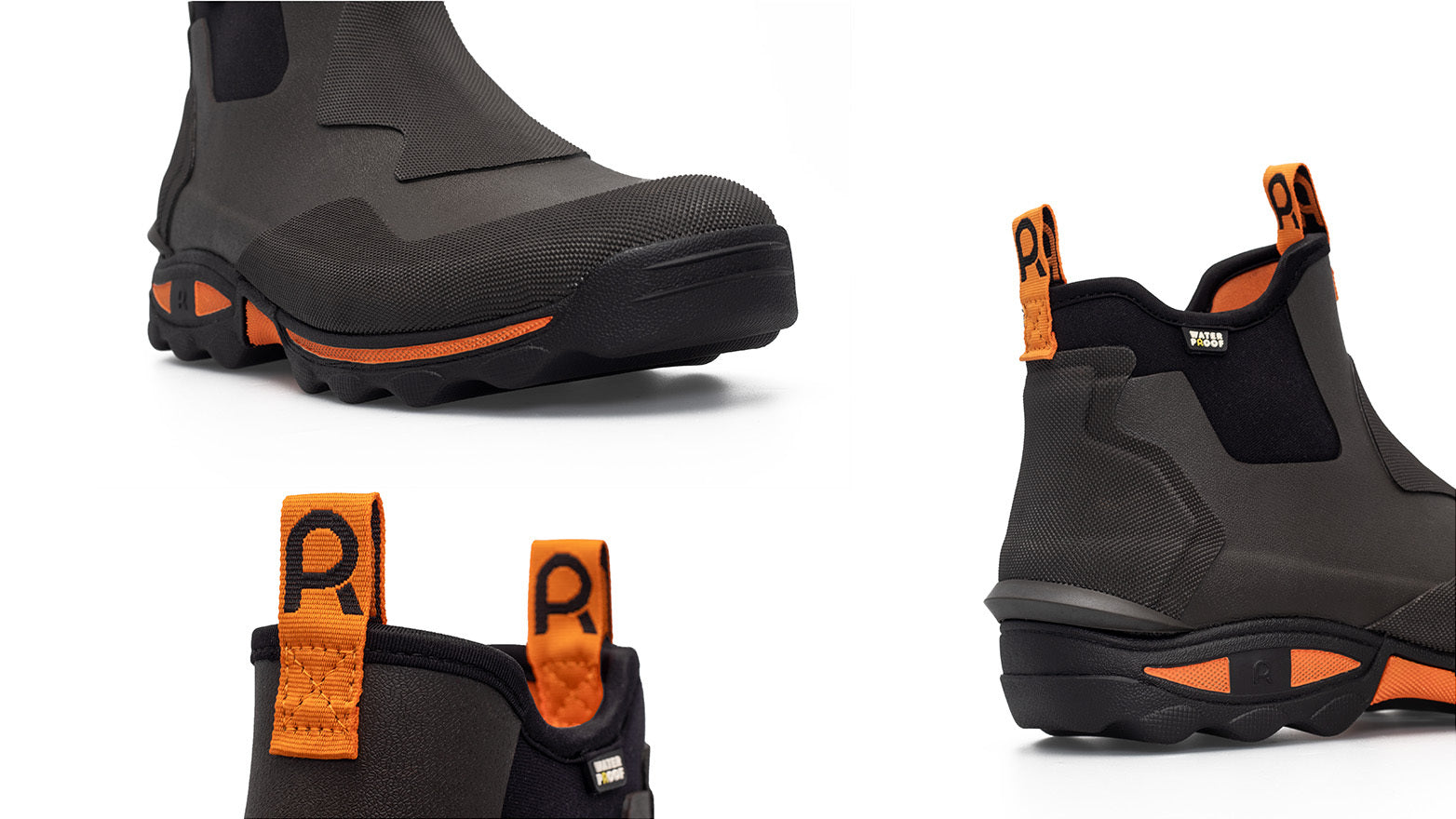 Pair of brown and orange ankle boots on a white background