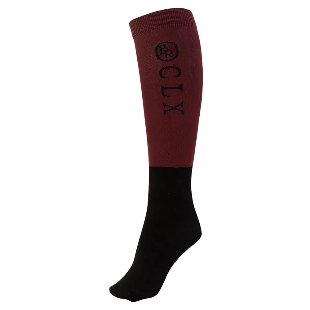 Maroon and black sock with a logo and text on a white background