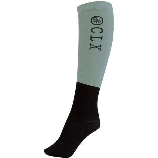 Knee-high sock with light gray top and black bottom on a white background