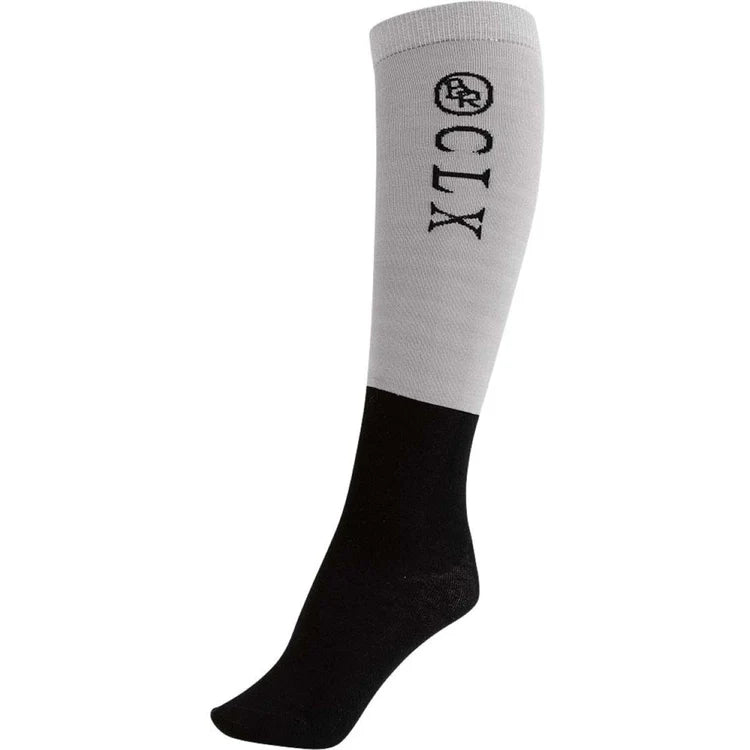 Gray and black sock with a logo on a white background